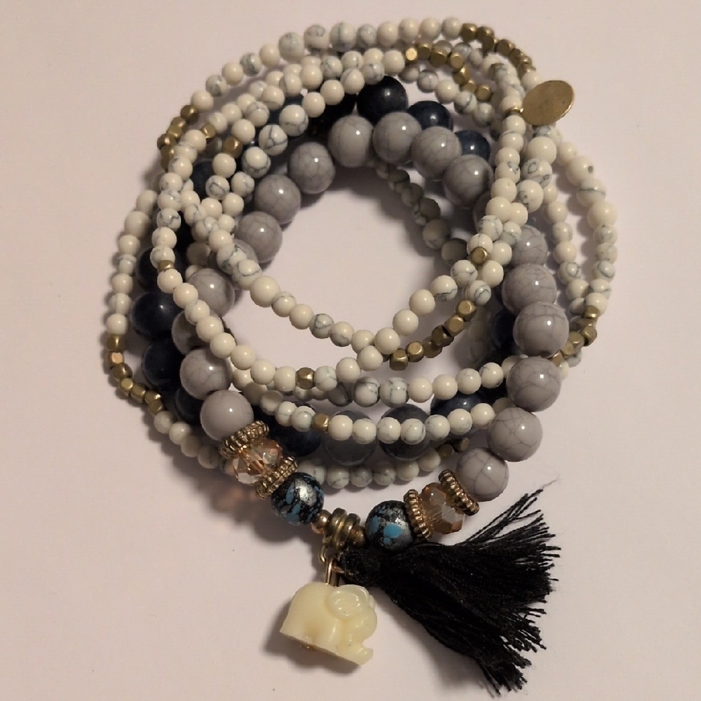 Elegant Multi-Color Beaded Gray‎ Blue And Cream Bracelet Set - Picture 3 of 4